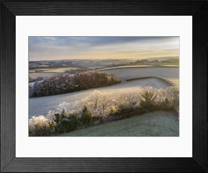 Framed Print : Rolling countryside at dawn on a frosty winter morning, Devon, England, United Kingdom Framed Print : Rolling countryside at dawn on a frosty winter morning, Devon, England, United Kingdom