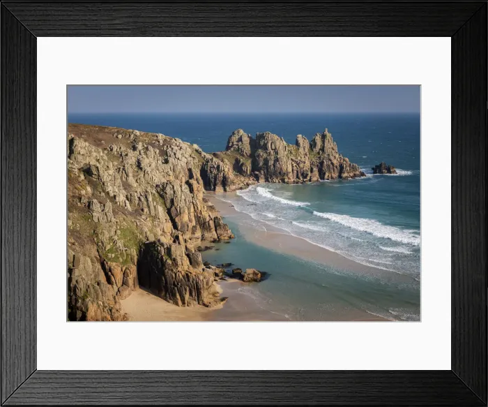 Framed Print : Treryn Dinas and Logan Rock across the beautiful sandy beach at Pedn Vounder, Cornwall Framed Print : Treryn Dinas and Logan Rock across the beautiful sandy beach at Pedn Vounder, Cornwall