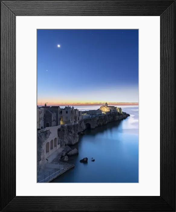 Framed Print : Old buildings and church of Vieste lit by moon at dusk, Vieste, Foggia province Framed Print : Old buildings and church of Vieste lit by moon at dusk, Vieste, Foggia province