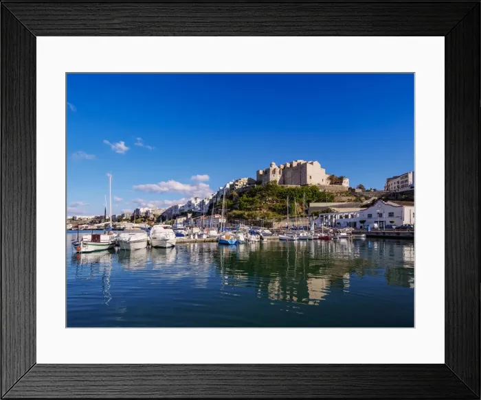Framed Print : Boats in port and Saint Francis Monastery, Mahon (Mao), Menorca (Minorca)