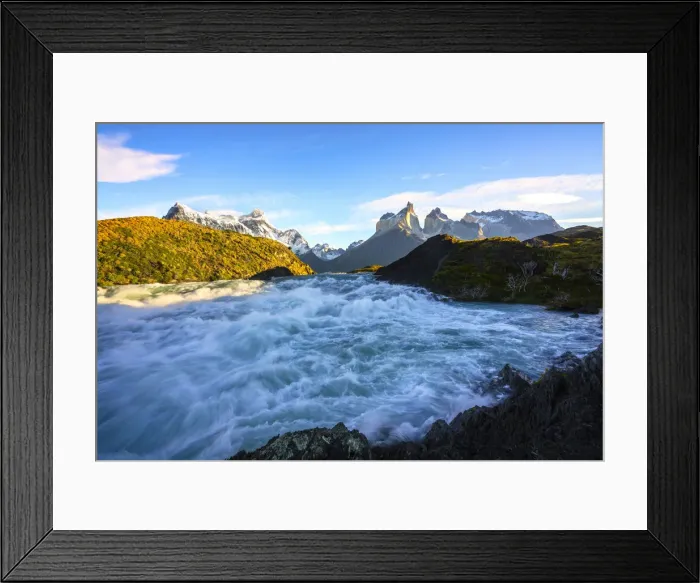 Framed Print : Salto Grande Waterfall and Los Cuernos del Paine, Torres del Paine National Park Framed Print : Salto Grande Waterfall and Los Cuernos del Paine, Torres del Paine National Park