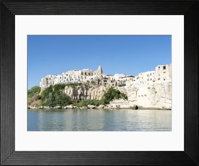 Framed Print : Whitewashed houses and San Francesco church on cliffs, Vieste, Foggia province Framed Print : Whitewashed houses and San Francesco church on cliffs, Vieste, Foggia province