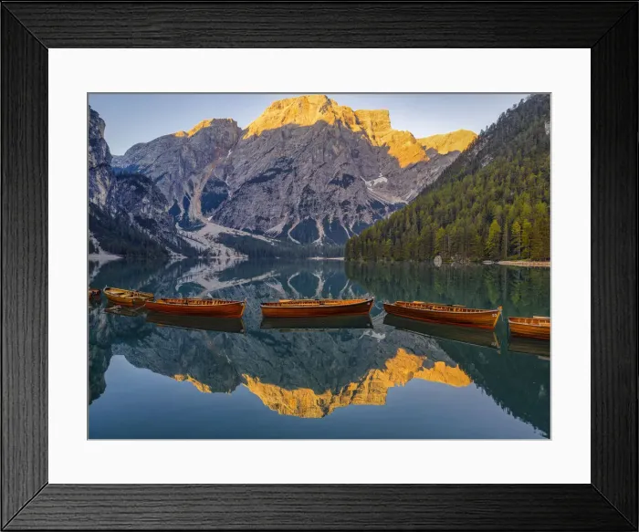 Framed Print : Lake Braies, Croda del Becco reflected in Lake Braies at sunrise, South Tyrol, Alto Adige Framed Print : Lake Braies, Croda del Becco reflected in Lake Braies at sunrise, South Tyrol, Alto Adige