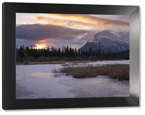 Mount Rundle sunrise with lake ice, Vermillion Lakes, Banff National Park