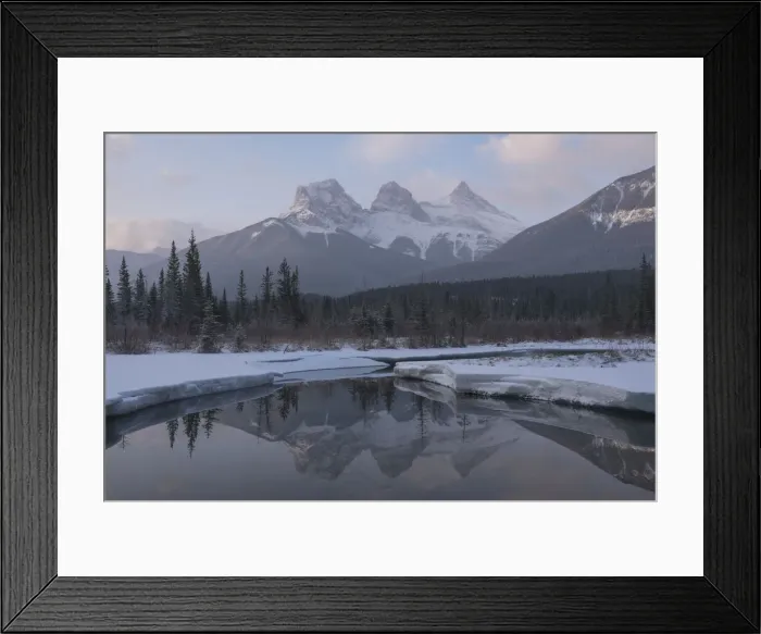 Framed Print : Winter sunrise at Policemans Creek with Three Sisters Peaks, Canadian Rockies Framed Print : Winter sunrise at Policemans Creek with Three Sisters Peaks, Canadian Rockies