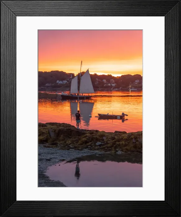 Framed Print : A schooner returns to dock at sunset at Bailey Island, Casco Bay, Maine Framed Print : A schooner returns to dock at sunset at Bailey Island, Casco Bay, Maine