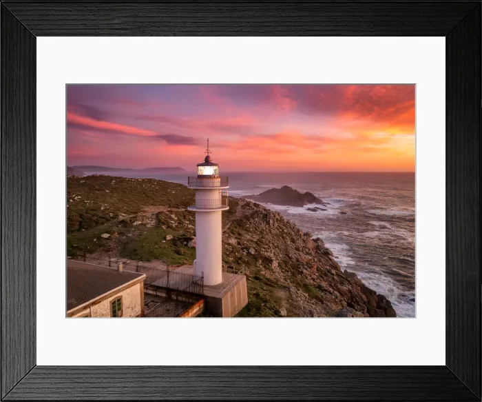 Framed Print : Aerial sea landscape view of Cape Tourinan Lighthouse at sunset with pink clouds, Galicia Framed Print : Aerial sea landscape view of Cape Tourinan Lighthouse at sunset with pink clouds, Galicia