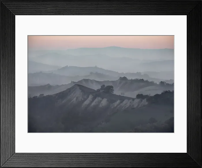 Framed Print : Dusk over hills where many layers are covered by fog, Emilia Romagna, Italy, Europe Framed Print : Dusk over hills where many layers are covered by fog, Emilia Romagna, Italy, Europe