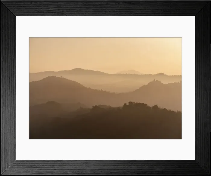 Framed Print : Sunset light reflected in the mist on countryside hills, Emilia Romagna, Italy, Europe Framed Print : Sunset light reflected in the mist on countryside hills, Emilia Romagna, Italy, Europe