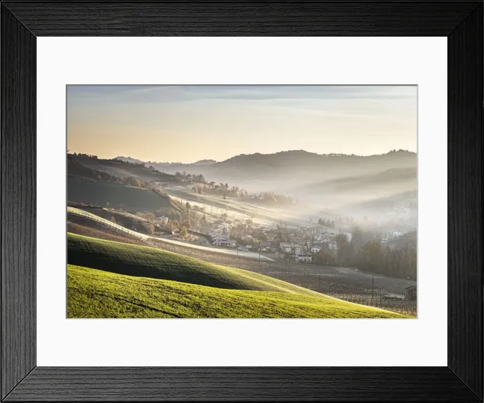 Framed Print : Sunrise light in the mist on gentle hills in the countryside, Emilia Romagna, Italy Framed Print : Sunrise light in the mist on gentle hills in the countryside, Emilia Romagna, Italy