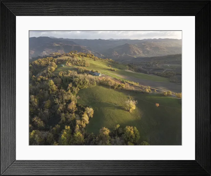 Framed Print : Aerial view of an autumnal sunset on the countryside, Emilia Romagna, Italy, Europe Framed Print : Aerial view of an autumnal sunset on the countryside, Emilia Romagna, Italy, Europe