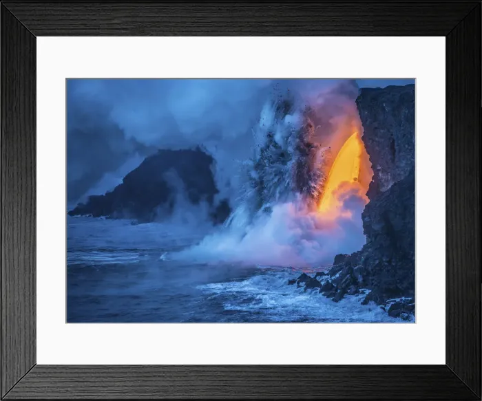 Framed Print : A Lava fall pours from a lava tube 60 feet high, the heat Framed Print : A Lava fall pours from a lava tube 60 feet high, the heat