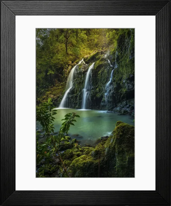 Framed Print : Upper Waikani Falls (Three Bears Falls) in soft sunset light catching early evening mist Framed Print : Upper Waikani Falls (Three Bears Falls) in soft sunset light catching early evening mist