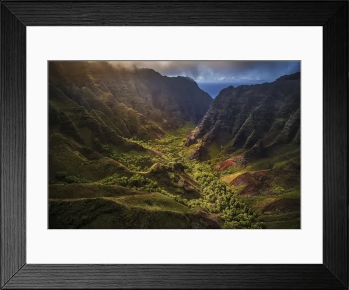 Framed Print : Flying through Nu alolo Valley via helicopter in the evening on the NaPali Coastline Framed Print : Flying through Nu alolo Valley via helicopter in the evening on the NaPali Coastline