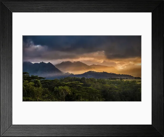 Framed Print : Sunset light streaking through mountains, Kauai, Hawaii, United States of America Framed Print : Sunset light streaking through mountains, Kauai, Hawaii, United States of America