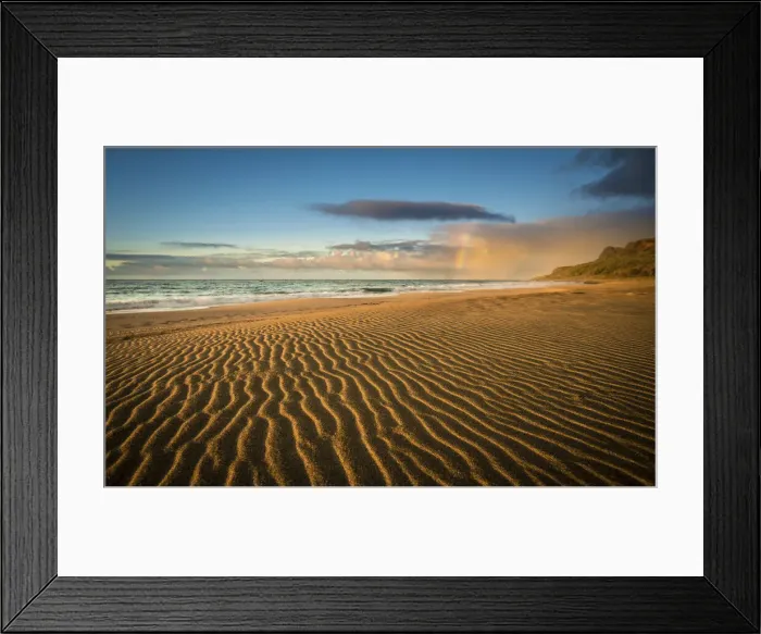 Framed Print : Wind-swept sandy beaches of the Kalalau Valley at sunset with a partial rainbow in Framed Print : Wind-swept sandy beaches of the Kalalau Valley at sunset with a partial rainbow in