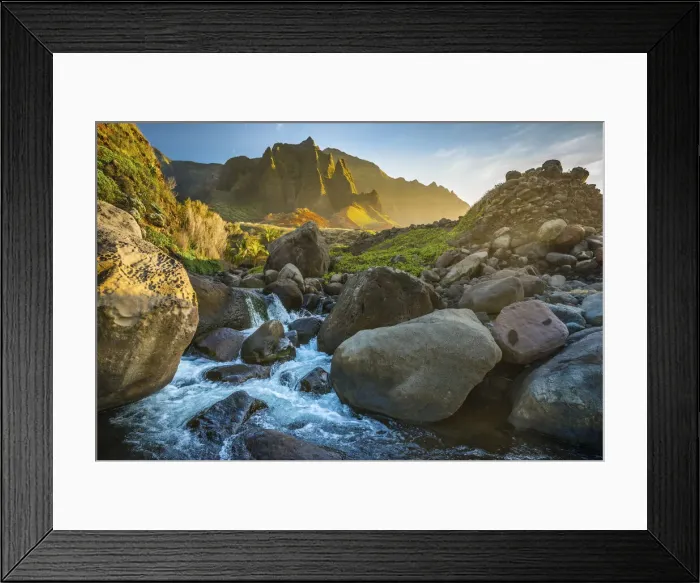 Framed Print : Mountain stream flows from the NaPali Cliffs in the background, Hawaii Framed Print : Mountain stream flows from the NaPali Cliffs in the background, Hawaii