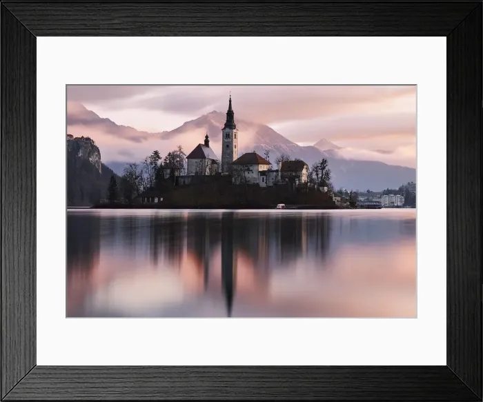 Framed Print : A church in the island in the middle of Bled lake at sunrise, Slovenia, Europe Framed Print : A church in the island in the middle of Bled lake at sunrise, Slovenia, Europe