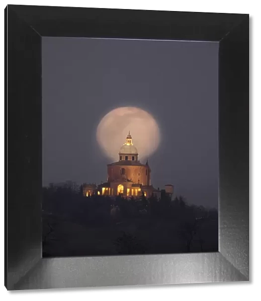 Moon rise behind the San Luca Basilica, Bologna, Emilia Romagna, Italy, Europe