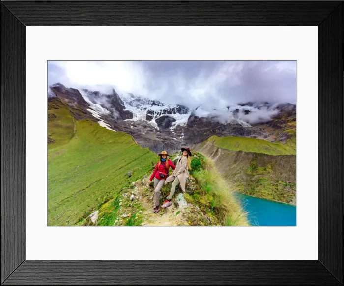 Framed Print : Two women trekking Humantay Lake, Cusco, Peru, South America Framed Print : Two women trekking Humantay Lake, Cusco, Peru, South America