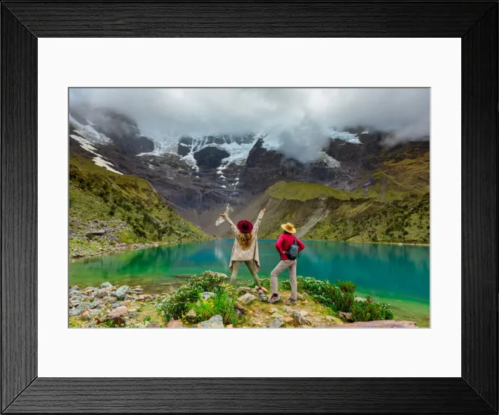 Framed Print : Two woman enjoying the view of crystal clear Humantay Lake, Cusco, Peru, South America Framed Print : Two woman enjoying the view of crystal clear Humantay Lake, Cusco, Peru, South America