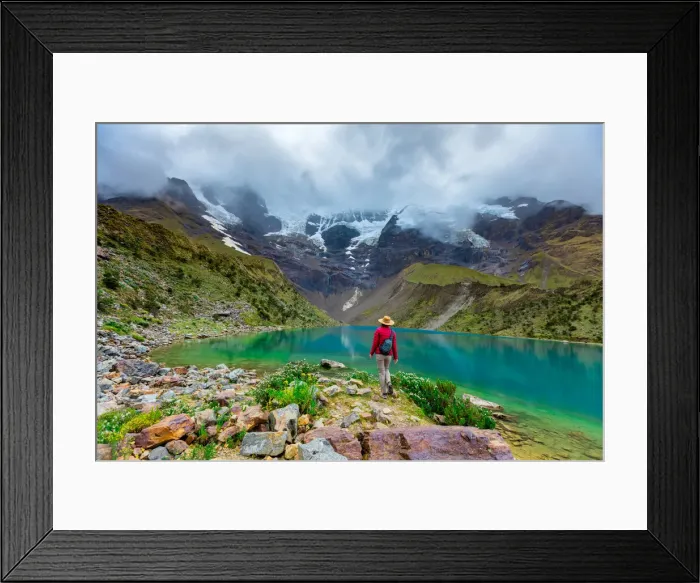 Framed Print : Woman enjoying the cloudy view of Humantay Lake, Cusco, Peru, South America Framed Print : Woman enjoying the cloudy view of Humantay Lake, Cusco, Peru, South America