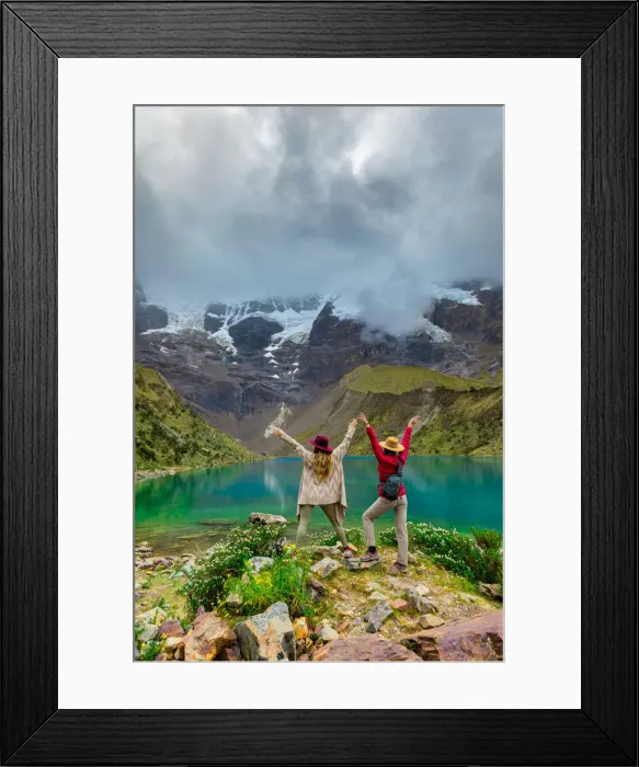 Framed Print : Two woman trekking Humantay Lake, Cusco, Peru, South America Framed Print : Two woman trekking Humantay Lake, Cusco, Peru, South America