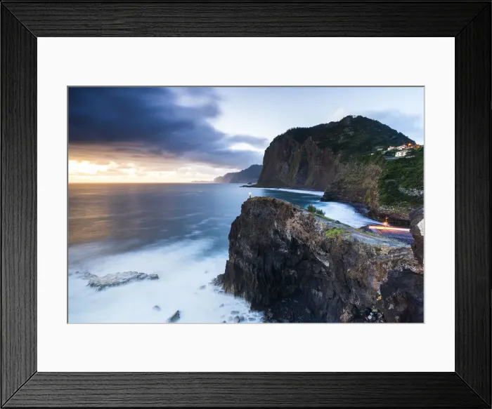 Framed Print : Hiker with head torch admiring the blue hour from cliffs at Miradouro Do Guindaste Framed Print : Hiker with head torch admiring the blue hour from cliffs at Miradouro Do Guindaste