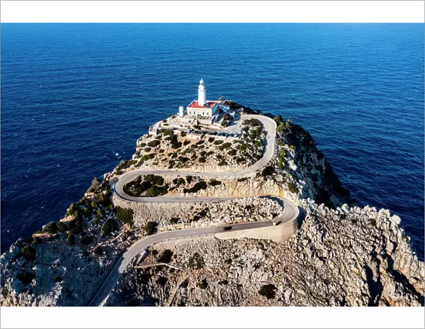 Aerial of the lighthouse at the Cap de Formentor, Mallorca, Balearic Islands, Spain