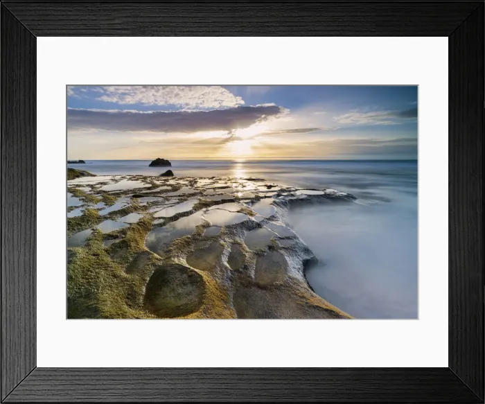 Framed Print : Golden hour over the ocean waves and rocks at El Cotillo beach, Fuerteventura Framed Print : Golden hour over the ocean waves and rocks at El Cotillo beach, Fuerteventura