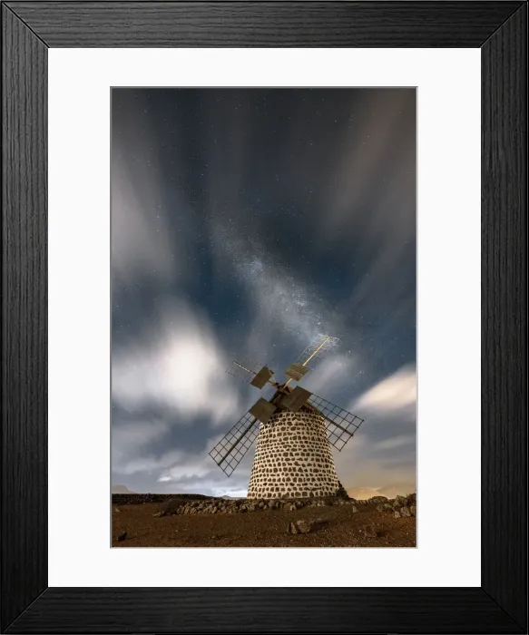 Framed Print : Long exposure image of clouds in the night sky over the old windmill, La Oliva Framed Print : Long exposure image of clouds in the night sky over the old windmill, La Oliva