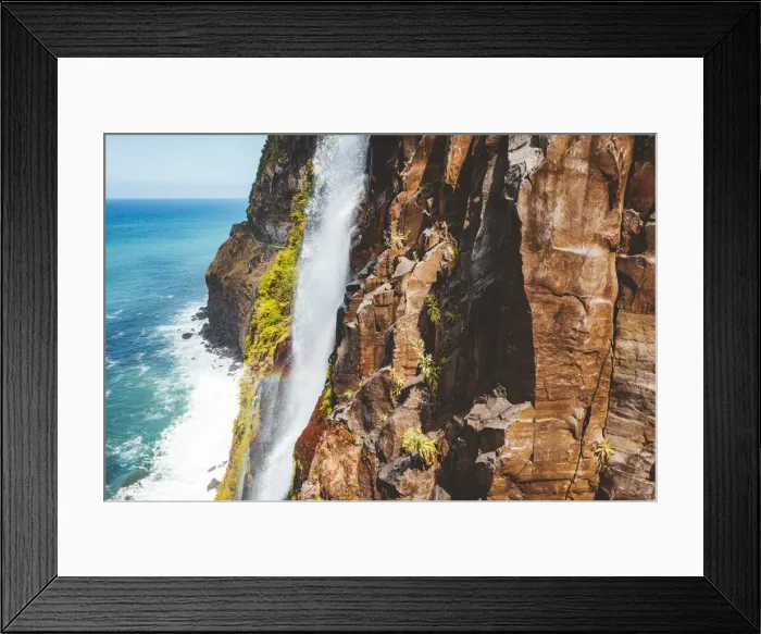 Framed Print : Flowing water of Bridal Veil Fall jumping from rocks, Seixal, Madeira island, Portugal Framed Print : Flowing water of Bridal Veil Fall jumping from rocks, Seixal, Madeira island, Portugal