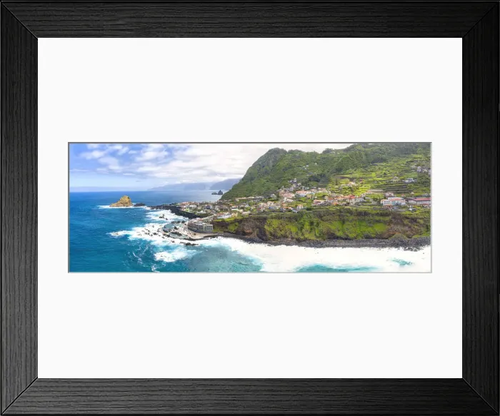 Framed Print : Aerial panoramic view of the seaside town and natural pools of Porto Moniz Framed Print : Aerial panoramic view of the seaside town and natural pools of Porto Moniz