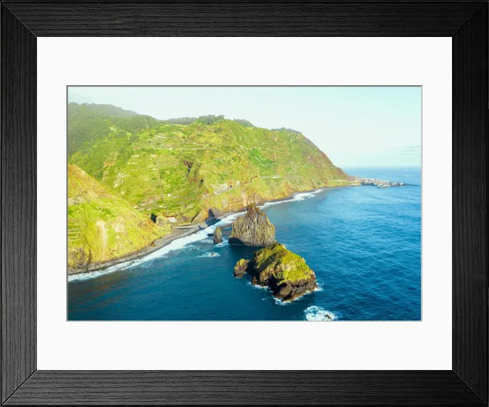 Framed Print : Aerial view of sea stack rocks of Ilheus da Rib and Ribeira da Janela and coastline Framed Print : Aerial view of sea stack rocks of Ilheus da Rib and Ribeira da Janela and coastline