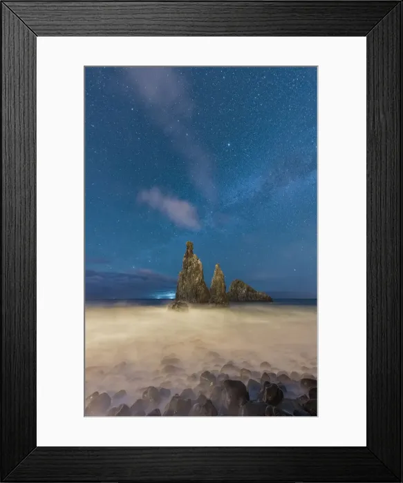 Framed Print : Waves crashing over Ilheus da Rib and Ribeira da Janela rock formations under the starry Framed Print : Waves crashing over Ilheus da Rib and Ribeira da Janela rock formations under the starry