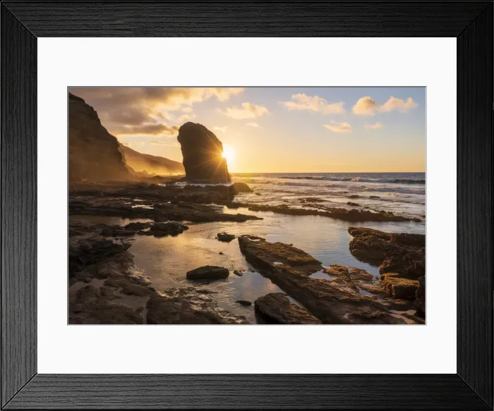 Framed Print : Golden sunset over the giant monolith of Roque Del Moro, Cofete beach, Jandia Nature Park