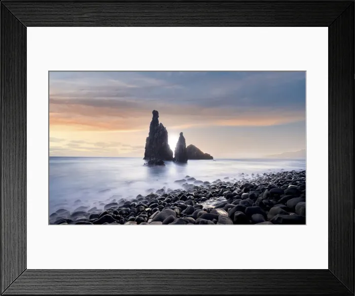Framed Print : Waves crashing on volcanic stone beach and sea stacks of Ilheus da Rib Framed Print : Waves crashing on volcanic stone beach and sea stacks of Ilheus da Rib