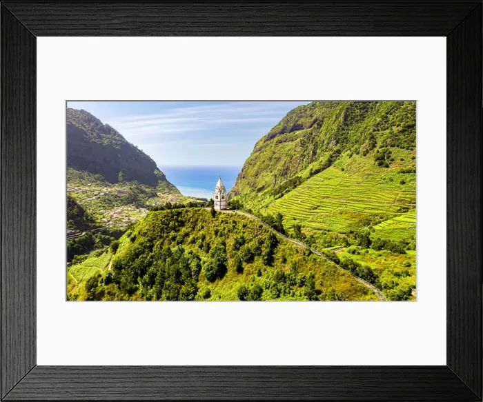 Framed Print : The chapel-tower Nossa Senhora de Fatima on top of green hills, Sao Vicente Framed Print : The chapel-tower Nossa Senhora de Fatima on top of green hills, Sao Vicente