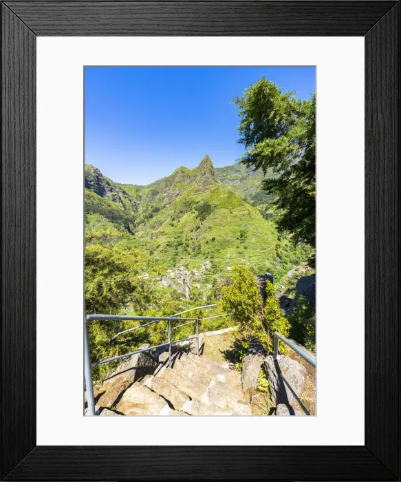 Framed Print : Steep steps on mountain path to the green alpine valley and village of Serra de Agua Framed Print : Steep steps on mountain path to the green alpine valley and village of Serra de Agua