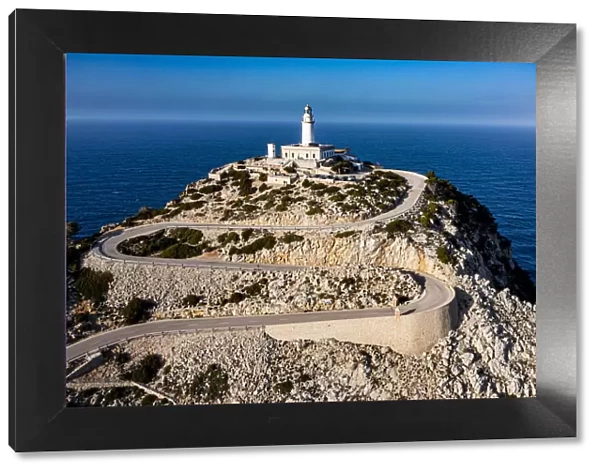 Aerial of the lighthouse at the Cap de Formentor, Mallorca, Balearic Islands, Spain