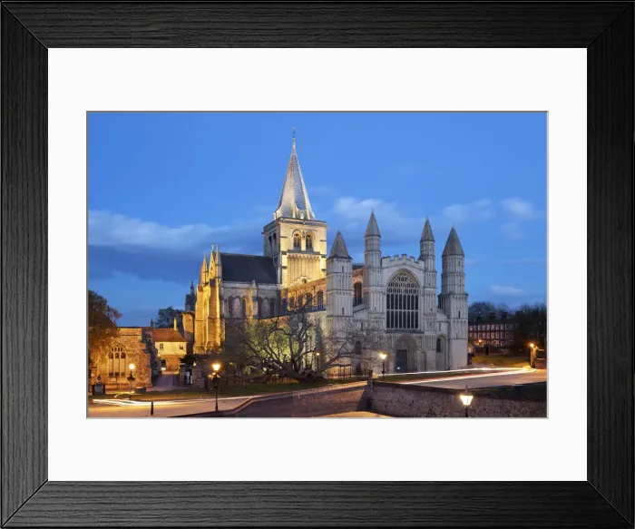 Framed Print : The west front of the Norman built Rochester Cathedral floodlit at night, Rochester, Kent Framed Print : The west front of the Norman built Rochester Cathedral floodlit at night, Rochester, Kent
