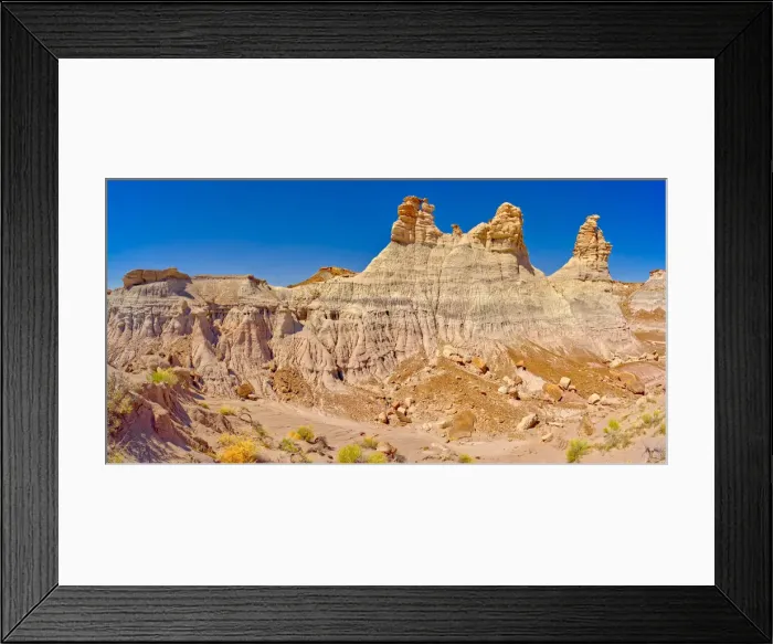 Framed Print : Panorama of three hoodoos shaped like kings, on the edge of the Blue Mesa in Petrified Framed Print : Panorama of three hoodoos shaped like kings, on the edge of the Blue Mesa in Petrified