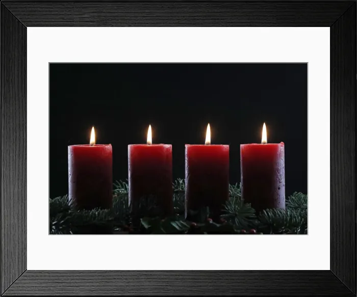 Framed Print : Natural Advent wreath or crown with four burning red candles, Christmas composition Framed Print : Natural Advent wreath or crown with four burning red candles, Christmas composition
