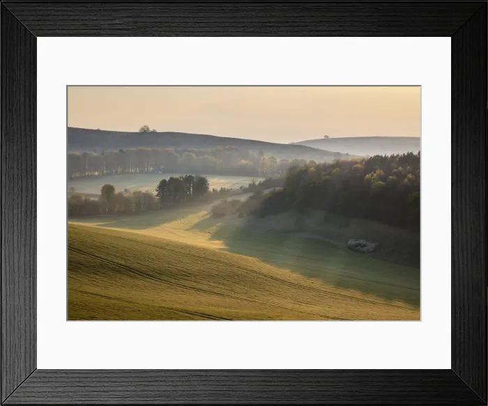 Framed Print : Misty landscape with Beacon Hill and Ladle Hill, Highclere Framed Print : Misty landscape with Beacon Hill and Ladle Hill, Highclere