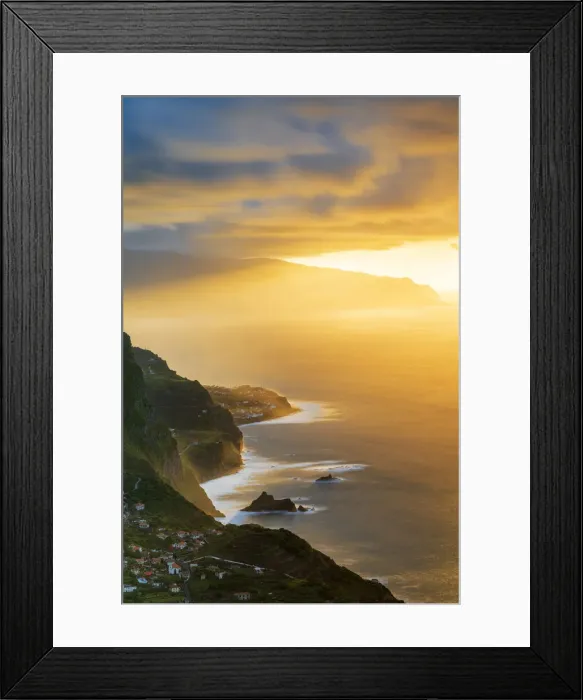 Framed Print : Burning sky at sunset over Arco de Sao Jorge and Ponta Delgada villages ocean front Framed Print : Burning sky at sunset over Arco de Sao Jorge and Ponta Delgada villages ocean front