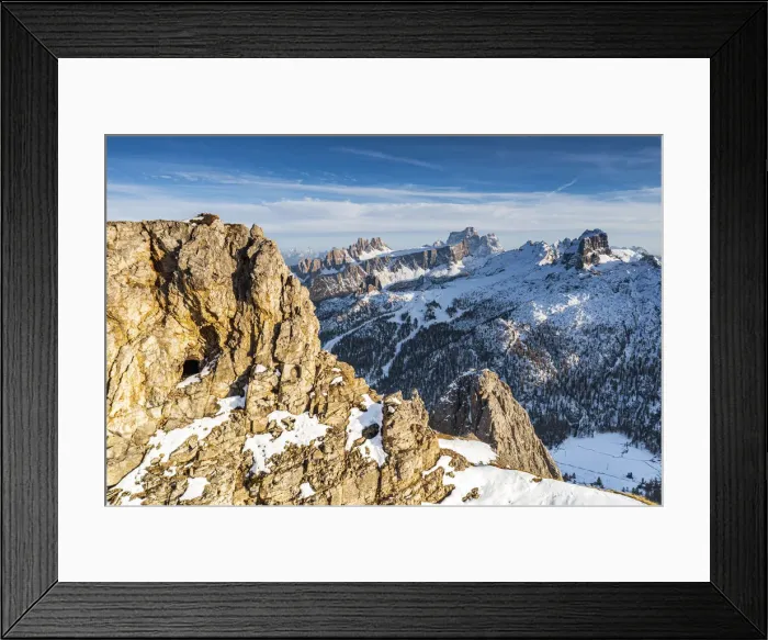 Framed Print : First World War rock tunnels on Mount Lagazuoi with Pelmo and Nuvolau peaks on background