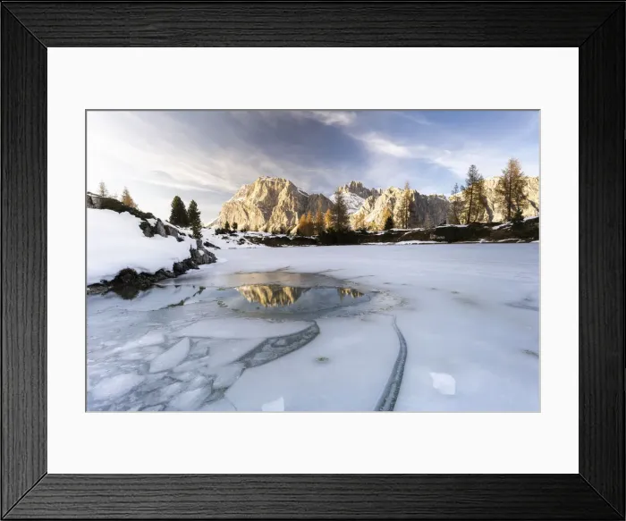 Framed Print : Lagazuoi mountain mirrored in the icy lake Limides at dawn, Ampezzo Dolomites Framed Print : Lagazuoi mountain mirrored in the icy lake Limides at dawn, Ampezzo Dolomites