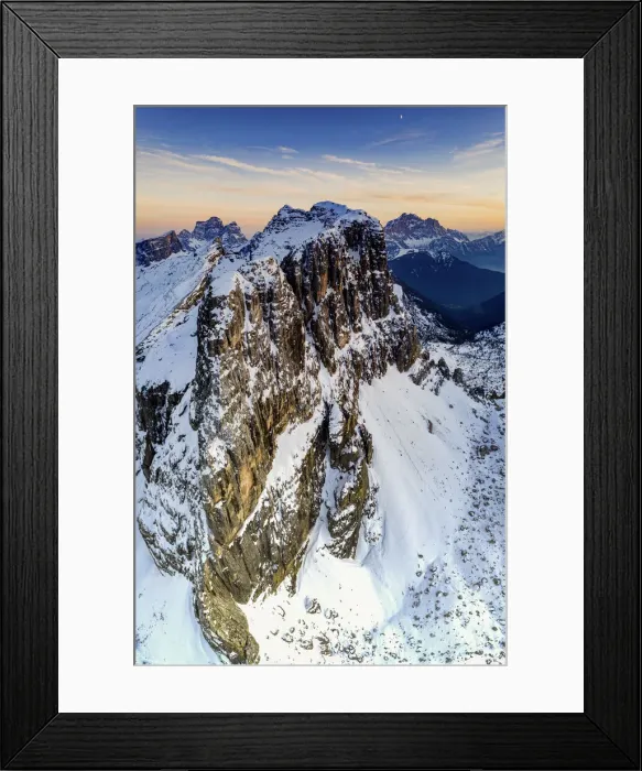 Framed Print : Aerial panoramic of majestic Nuvolau, Monte Pelmo and Civetta covered with snow at sunset
