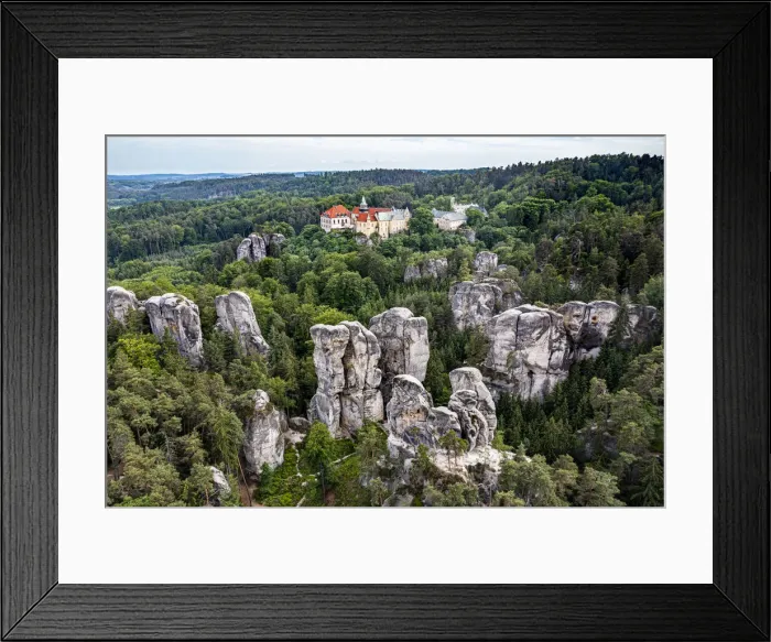Framed Print : Aerial of Rock town of Hruba Skala with the castle in the background, Bohemian Paradise Framed Print : Aerial of Rock town of Hruba Skala with the castle in the background, Bohemian Paradise