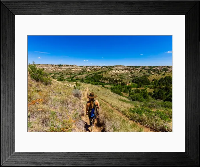 Framed Print : Woman hiking along The Petrified Forest Loop Trail inside Theodore Roosevelt National Framed Print : Woman hiking along The Petrified Forest Loop Trail inside Theodore Roosevelt National